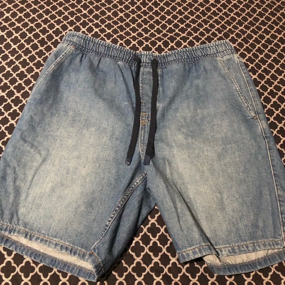 H&M LOGG Mens Cotton Denim Jean Shorts Sz Small Blue Drawstring Pockets Pull On